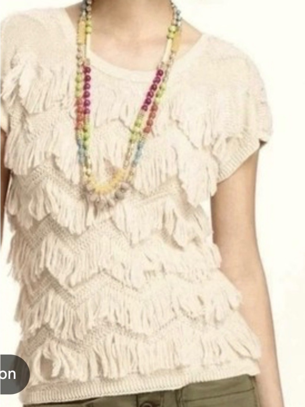 Anthropologie Cream Layered Fringe Knit Top